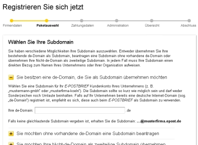 Screenshot Registrierungsformular epost brief