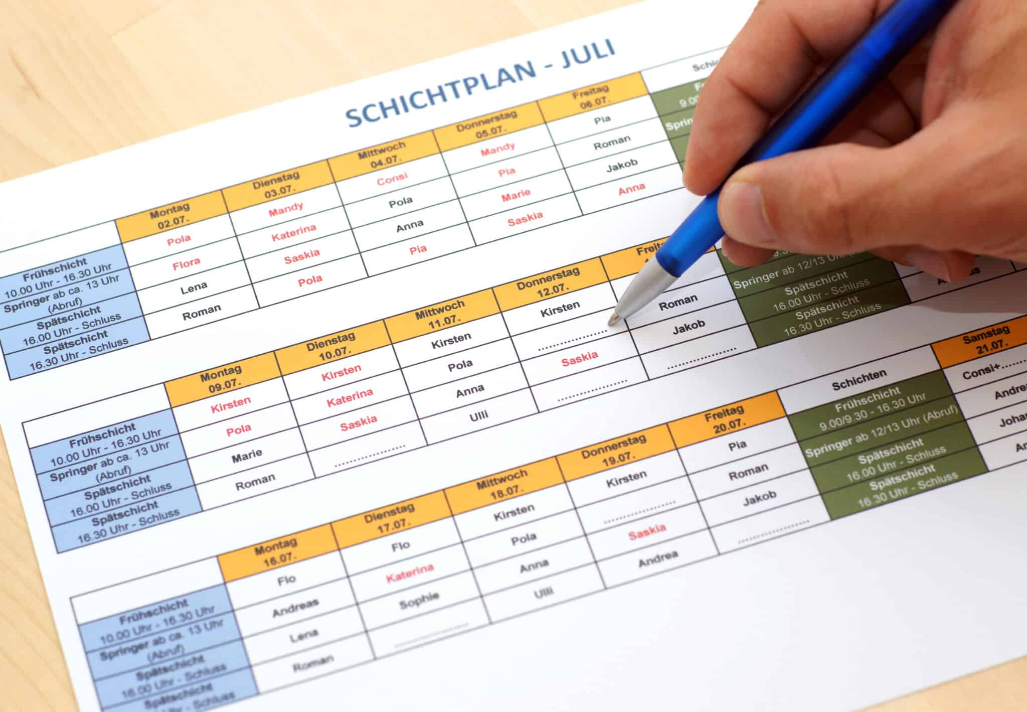 Planen eines Schichtplans für Juli